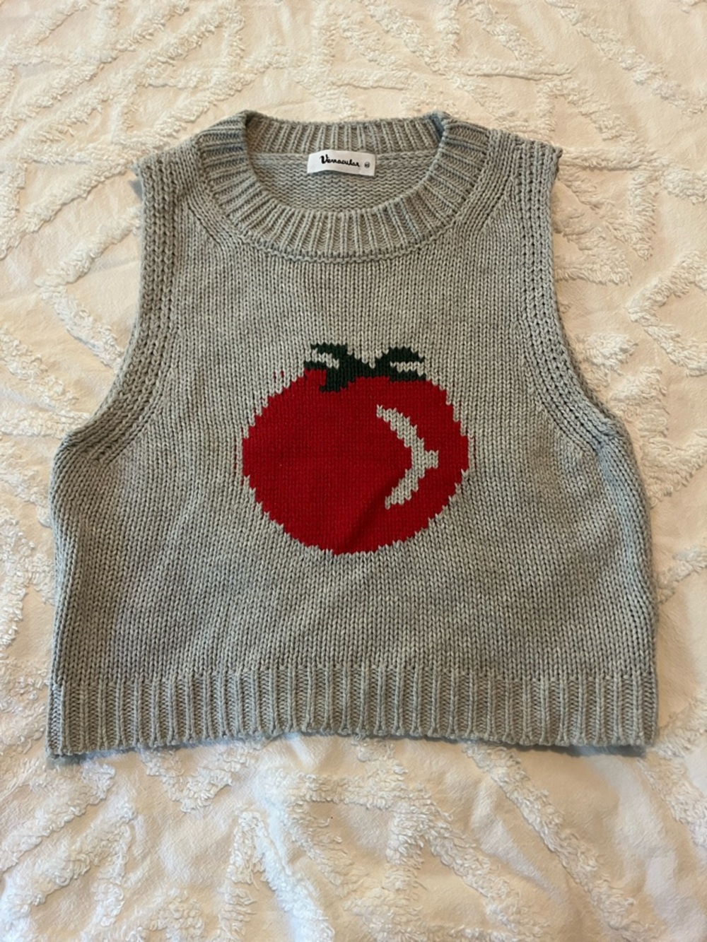 Grey Knit Sweater Vest with Red Tomato Motif